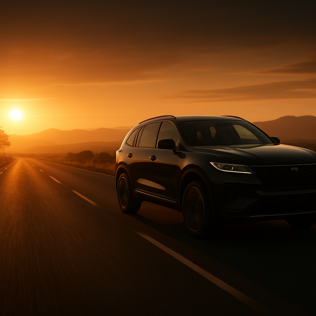 A premium SUV on an open South African highway at golden hour